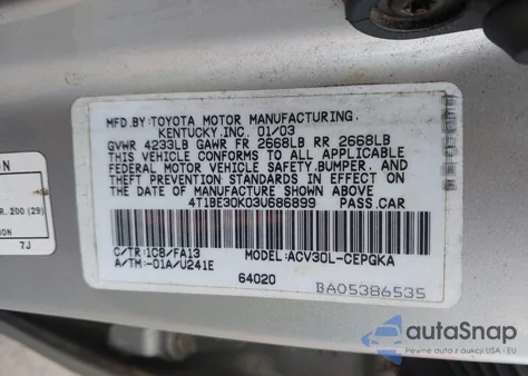 2003 Toyota Camry Xle из США, поврежденный, VIN 4T1BE30K03U686899